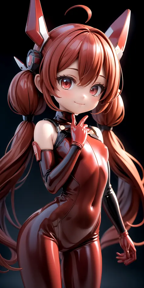 1girl, solo, very long hair, twintails, red hair, headgear, perfect face, red eyes, looking at viewer, cute, smile, :3, closed mouth, thin, flat chest, (shiny red latex bodysuit:1.2), red elbow gloves, space in background, cowboy shot, scifi, masterpiece, ...