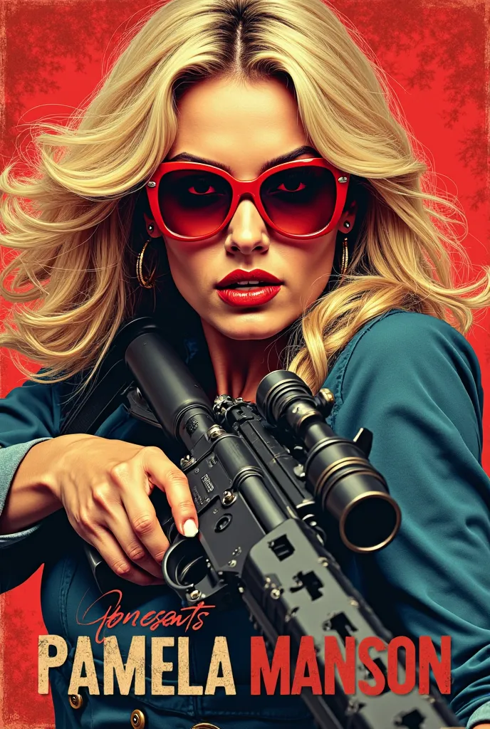 affiche style pop art sérigraphie filagramme ultra réaliste avec en titre "DEEP STATE presents PAMELA MANSON" with gorgeous blonde woman in red glasses with weapon of war
