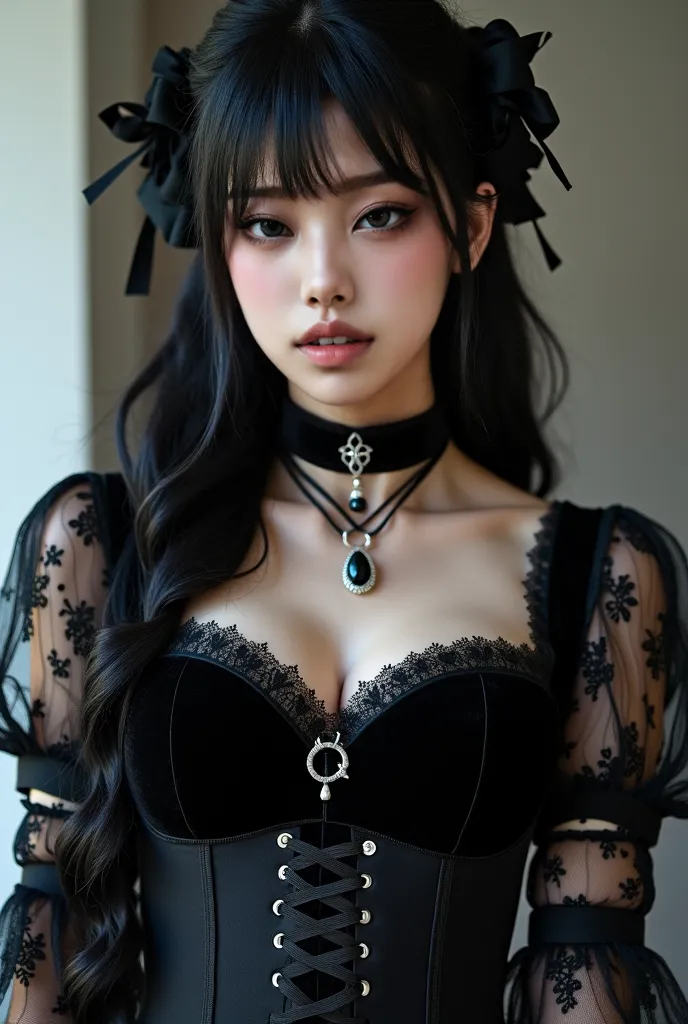 A woman with Jennie's face from Blackpink, with black makeup,  with fangs,  with black lipstick , an elegant gothic outfit consisting of a black velvet dress with a heart-shaped neckline, adorned with lace on the edge and a small bow with a moon-shaped pen...