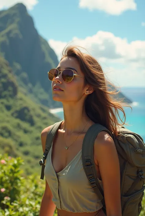 Human like realistic brown haired girl on Hawaiian island zoomed out hiking sunglasses