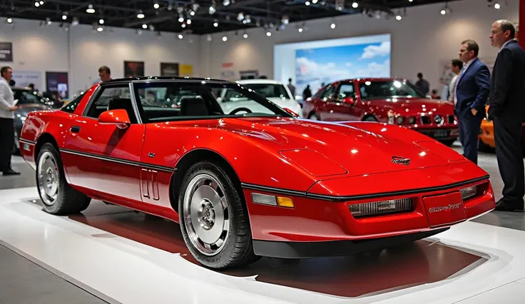 (bright Red) colour side view in 1990 Chevrolet Corvette ZR-1  model in  the showroom.The side side view plate reads  "ZR-1"   view highlighted with beautiful  and stylish image. ,