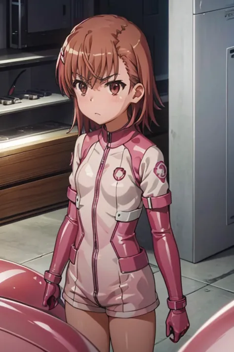 Mikoto misaka.、A Certain Scientific Railgun、girl、Small breasts、whole body,blush,best quality,Pink latex bodysuit,clothes shiny