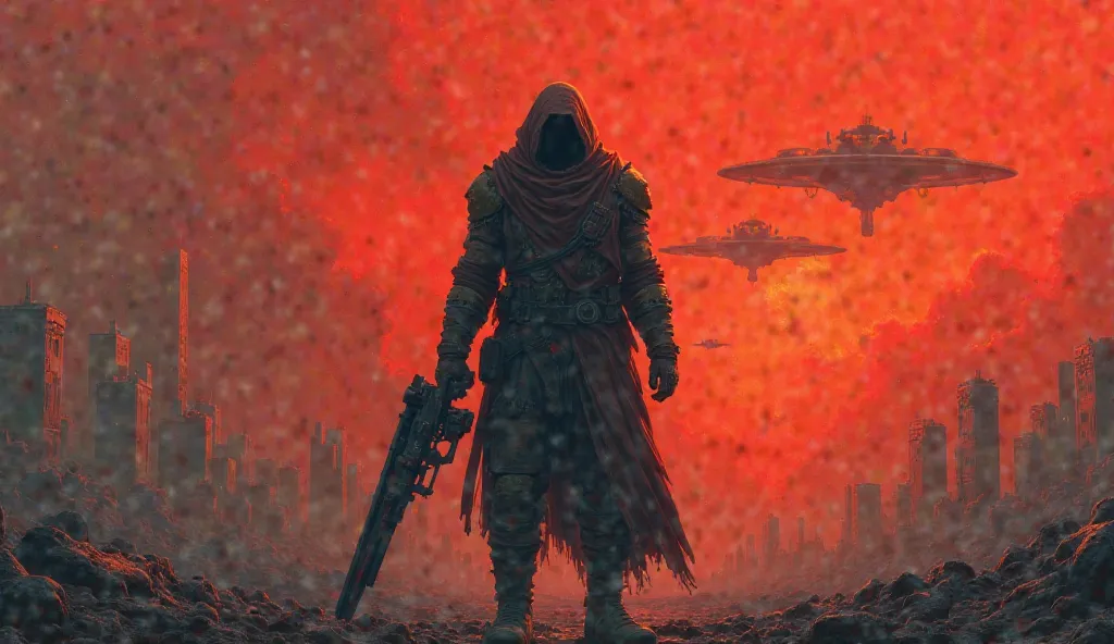 A human warrior stands on the ruins of a destroyed city, holding a futuristic weapon in his hand.  In the distance , the sky is still red with alien ships hovering above. His face is half covered by a shadow, exposes an expression of determination and fati...