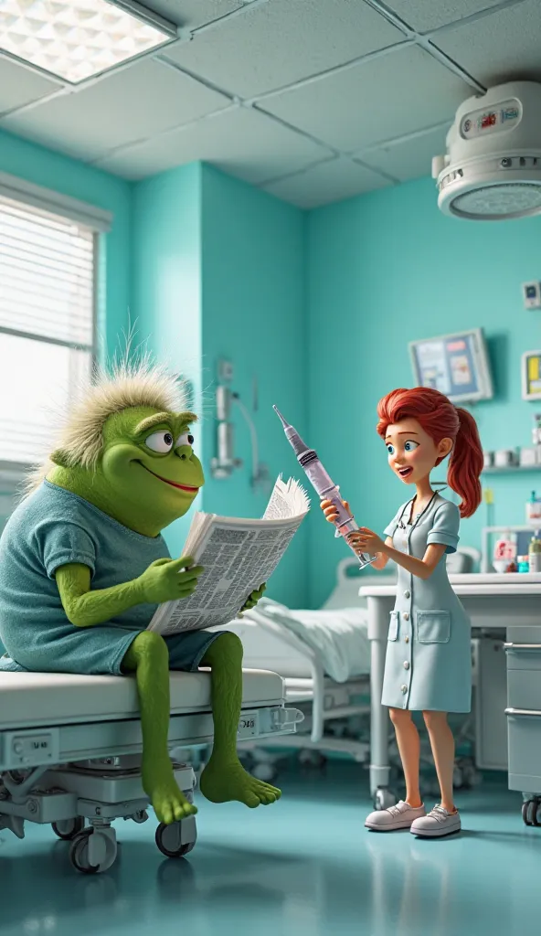 "A quirky 3D cartoon hospital scene with a large green troll patient sitting calmly on a bed, reading a newspaper. A frantic nurse stands beside him with an oversized syringe, trying to get his attention. The room is brightly lit with futuristic monitors a...