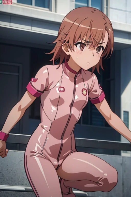 Mikoto misaka.、A Certain Scientific Railgun、girl、Small breasts、whole body,blush,best quality,Pink latex bodysuit,clothes shiny