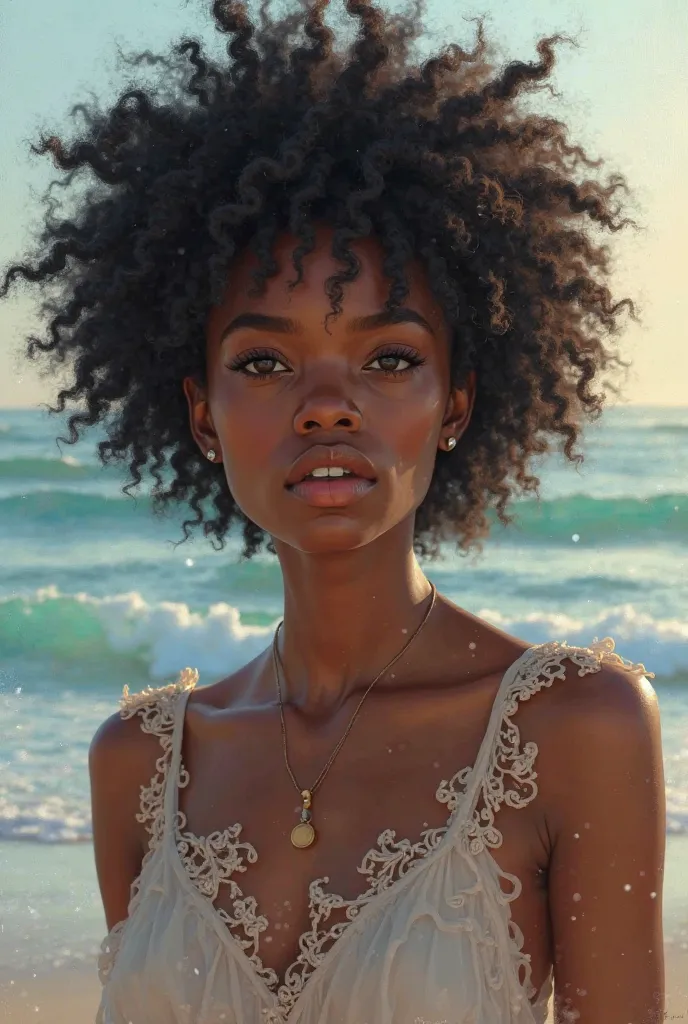 Create is a black woman with frizzy hair.
  And Afropaty thinner,
on the beach