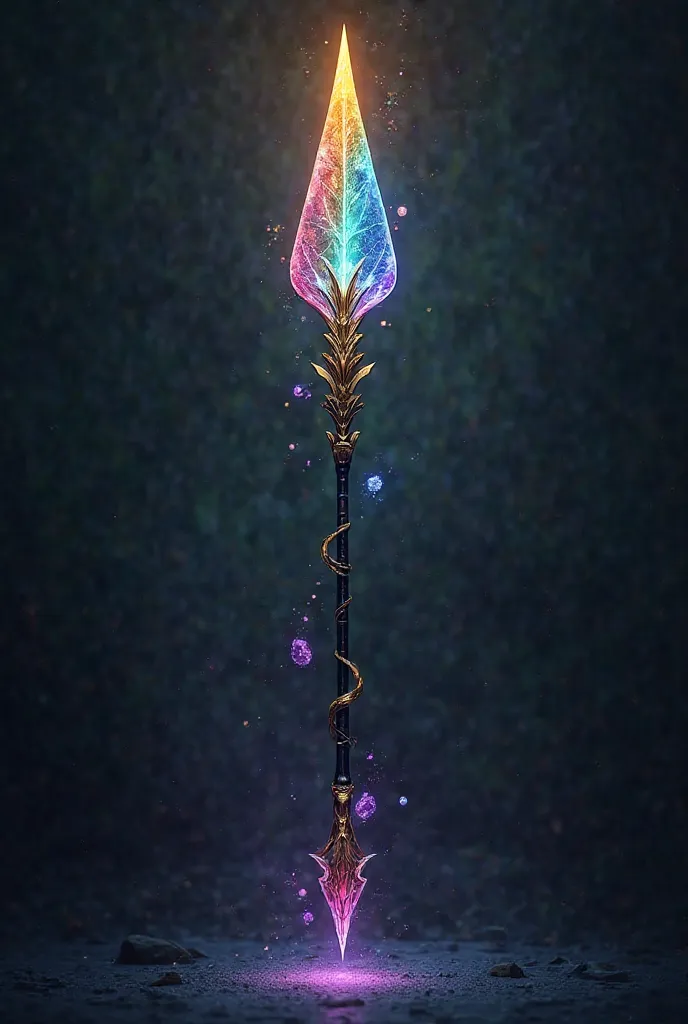 The Gloxinia spear has a long and elegant handle, made of black wood with subtle golden veins that seem to pulsate with living energy. Its surface is adorned with small shiny spines and delicate crystalline leaves., that expand gently when the weapon is aw...