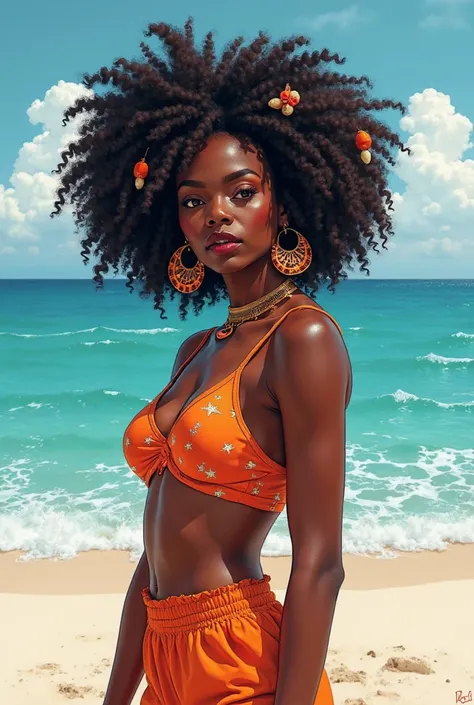 Create is a black woman with frizzy hair.
  And Afropaty,
on the beach