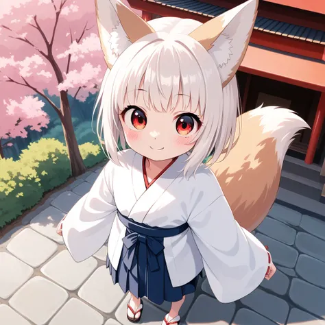 (masterpiece, best quality:1.4), (8k, ultra-detailed, anime style:1.2), cute young girl,  Fluffy fox ears, Fluffy fox Tail,:1.6), big eyes, small nose, detailed hair, (wearing Japanese white clothes:1.6), BREAK (red short hakama:1.4), bright and colorful b...