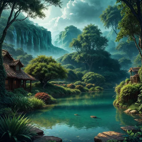 A colorful fantasy landscape, vibrant colors, lush vegetation, magical creatures, detailed textures, shimmering water, dramatic lighting, cinematic composition, surreal atmosphere, ethereal ambiance