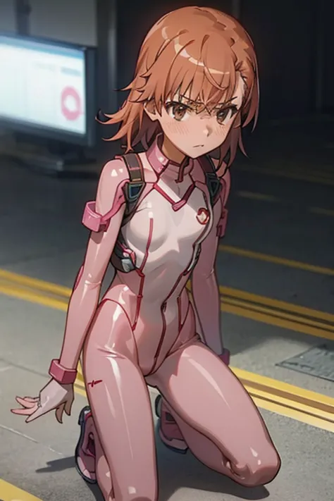 Mikoto misaka.、A Certain Scientific Railgun、girl、Small breasts、whole body,blush,best quality,Pink latex bodysuit,clothes shiny