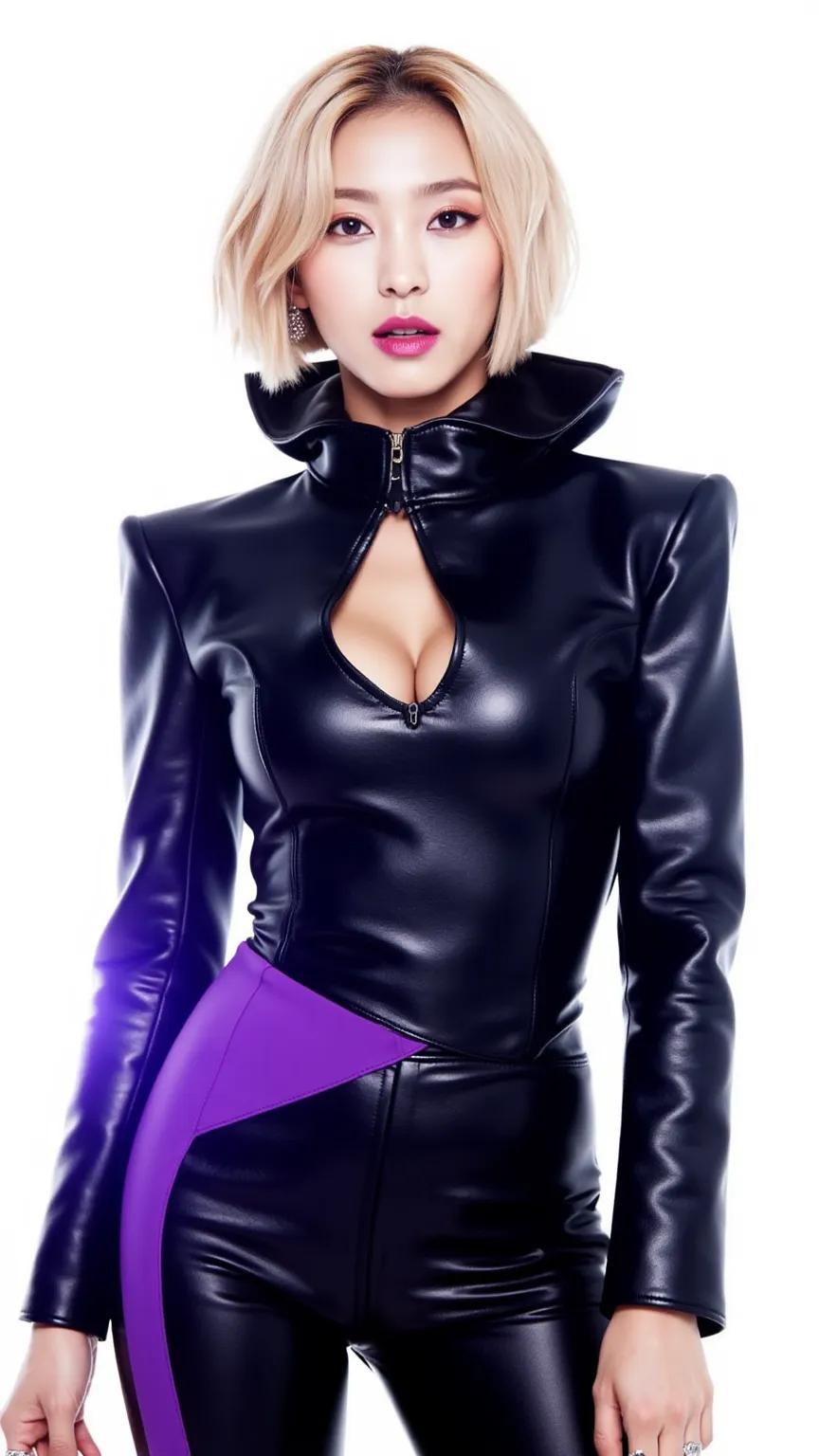 A picture of a stylish K-pop idol performing. - Lina:  short blond hair, The black leather costume has a subtle purple accent, Charismatic and mysterious. white background, And futuristic. Super realistic,  bright color, detailed. 