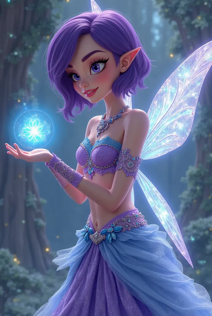 Tecna from Winx Club with purple  hair wearing a decorated intricate laced purple and light blue crop top half top with a matching long skirt with train merged with Disney Princess Odette with shirt bob hairstyle. With translucent glowing light blue wings,...