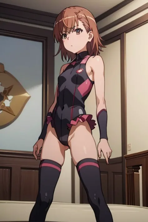 Mikoto misaka.、A Certain Scientific Railgun、girl、Small breasts、whole body,blush,best quality,taimanin suit,Black leotard, Frilled leotard,Thigh-high boots,