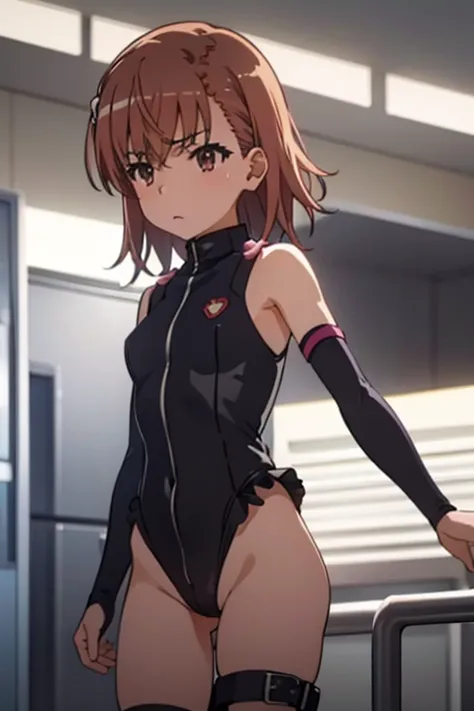 Mikoto misaka.、A Certain Scientific Railgun、girl、Small breasts、whole body,blush,best quality,taimanin suit,Black leotard, Frilled leotard,Thigh-high boots,