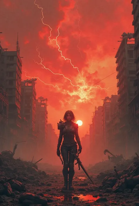 Give me a realistic depiction of the end of the world. Overcast spectacle with fiery red sky,  ruined buildings , deserted streets. In the center is a half-human, half-machine female warrior on the west wielding a super sword, cold eyes, standing in the mi...