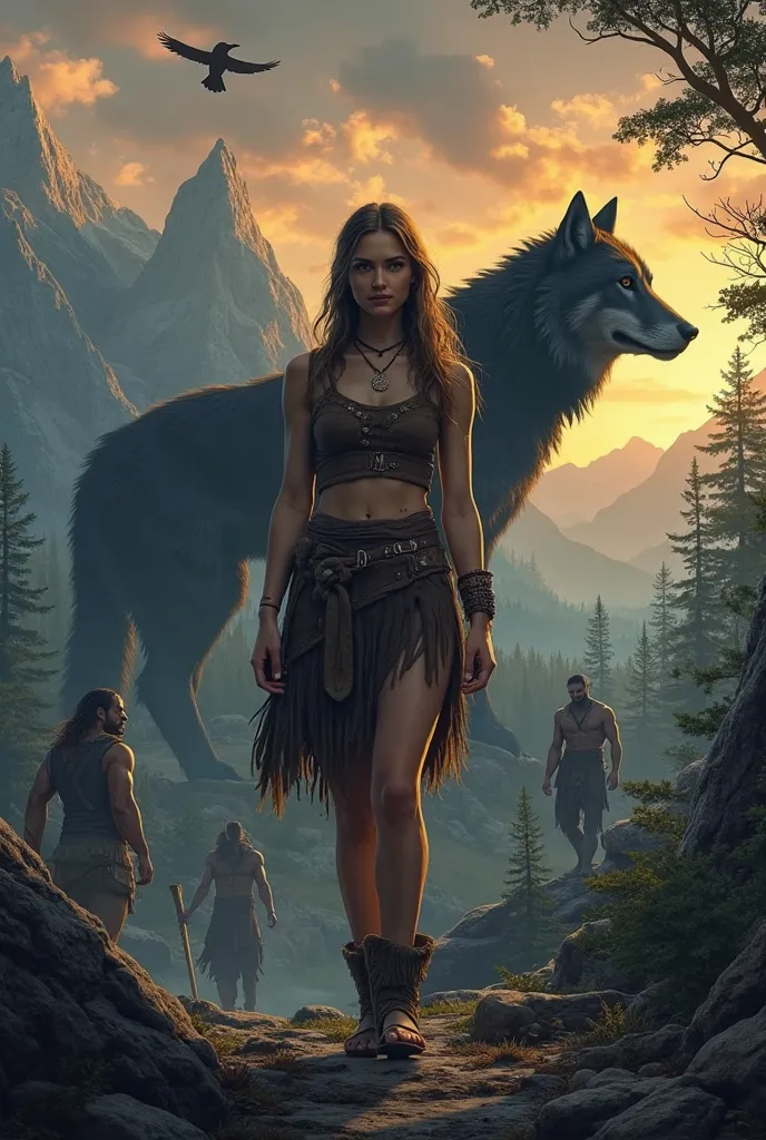 A prehistoric landscape at dusk, with imposing mountains and a dense forest. in the foreground, A young woman named Lucía, with a decisive look and dressed in primitive clothing.  behind her, a muscular man in the shape of a giant wolf, representing Kael. ...