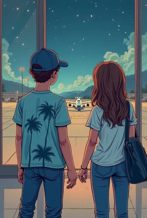 An illustration showing a boy wearing a cap and jeans wearing a light blue t-shirt with palm trees arriving from the airport and a girl waiting for him she has brown hair with beige reflections. That day is night. I would like it to be in a style like a co...