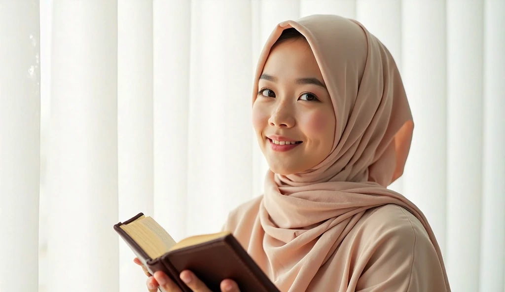  4K masterpiece details, clear focus, deep focus, sunlight hits her skin, a young asian woman in a hijab is smiling gently, holding the Quran in her hand, with a background white.