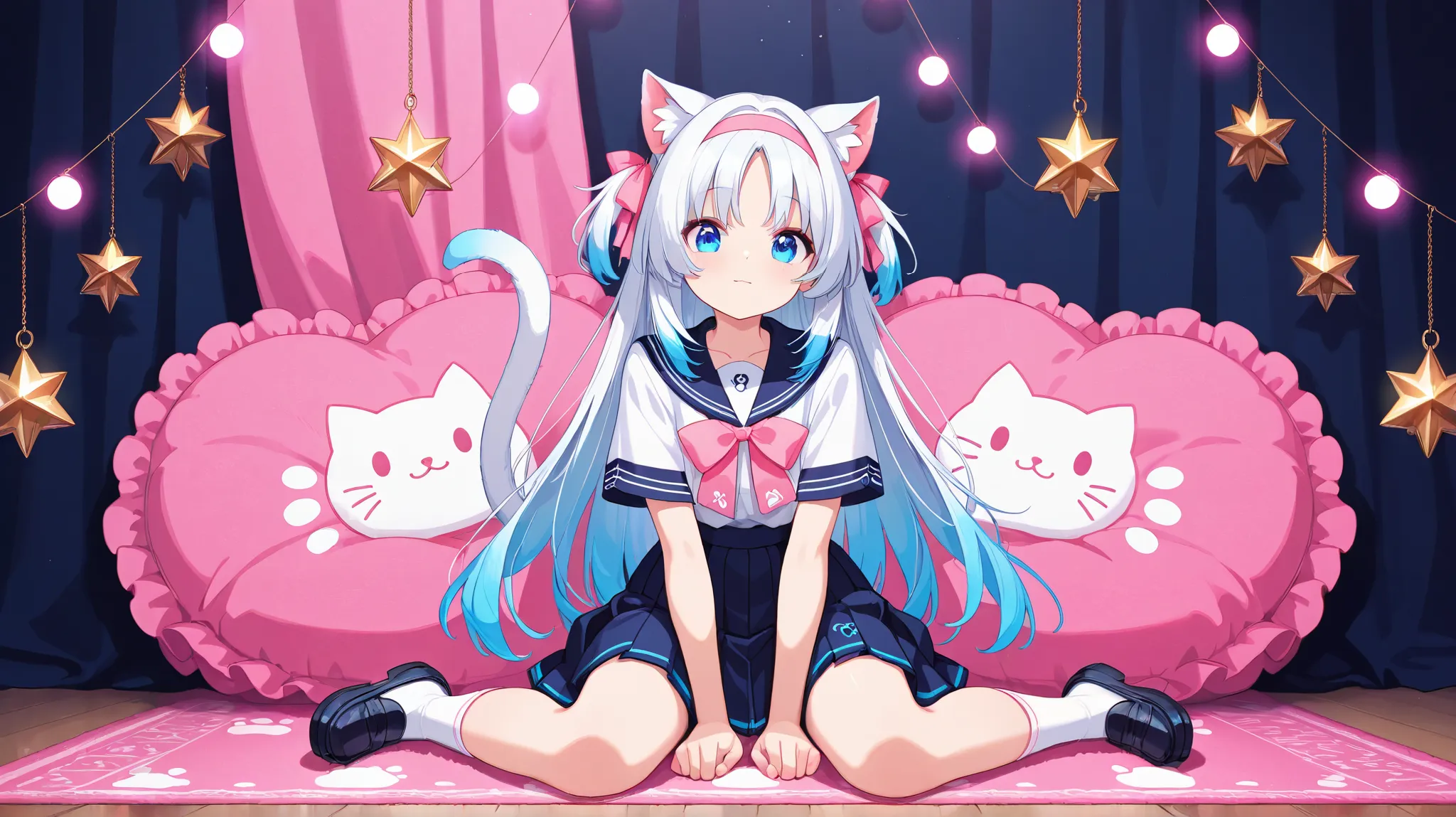 Nekomiya Mana anime girl white hair with blue hair tips
White short-sleeved blouse with soft ruffles on the sleeves and a dark blue navy collar decorated with bright lines in neon, pink and light blue..

A hot pink bow with a metallic cat paw in the center...