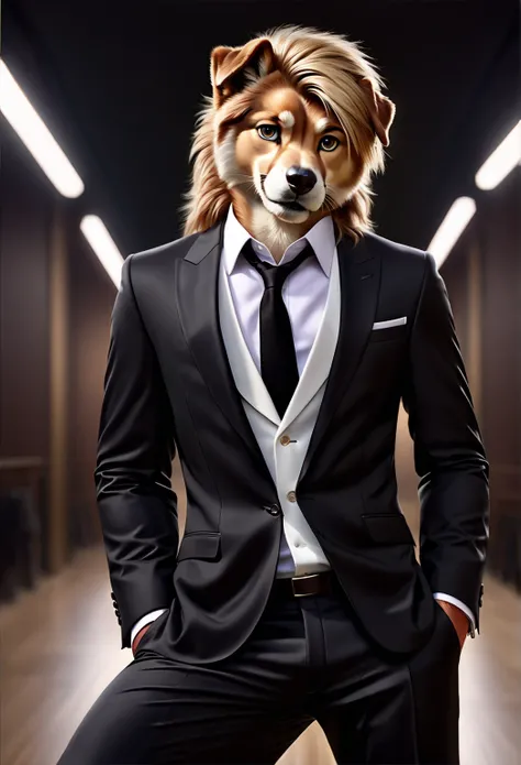 (8k, RAW photo, best quality, masterpiece: 1.2), (realistic, photorealistic: 1.37), ultra-detailed, ultra high resolution, FASHIONABLE DOG, SUIT, looking at viewer, seductive, beautiful detailed eyes, (floating hair), (clothes included, alternative fashion...