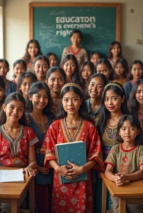 A group of ren from different Guatemalan cultures in a classroom,  with a sign that says  "Education is everyone's right".

