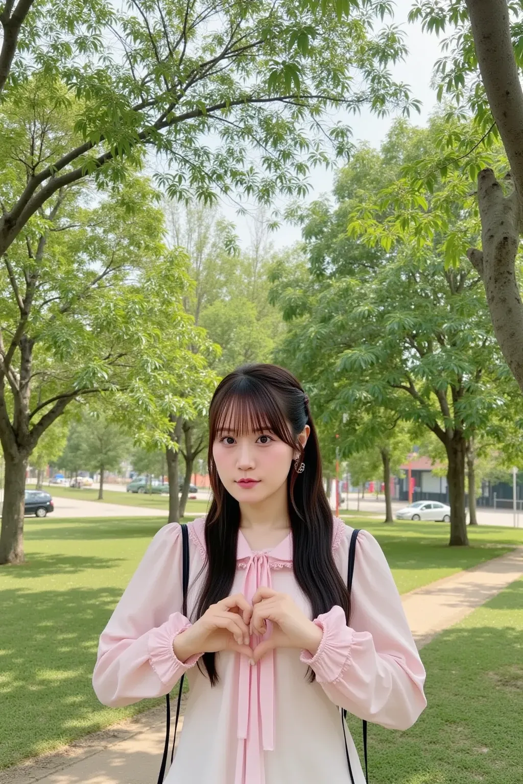 "Japanese woman with a stern expression, arms crossed, standing in front of a camera, clearly angry. She is wearing a cute dress, and the background is a park with greenery and trees. The scene is vibrant, with sunlight filtering through the leaves, creati...