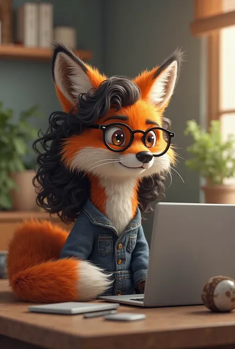 Furry fox in jeans, black curly hair below the shoulders,  brown eyes, in glasses, sitting at a laptop
Animal type 