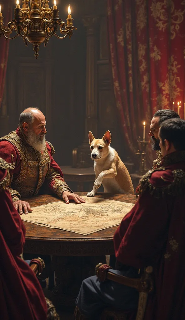 A dog pointing with its paw at a map on a round table where there is a king and generals