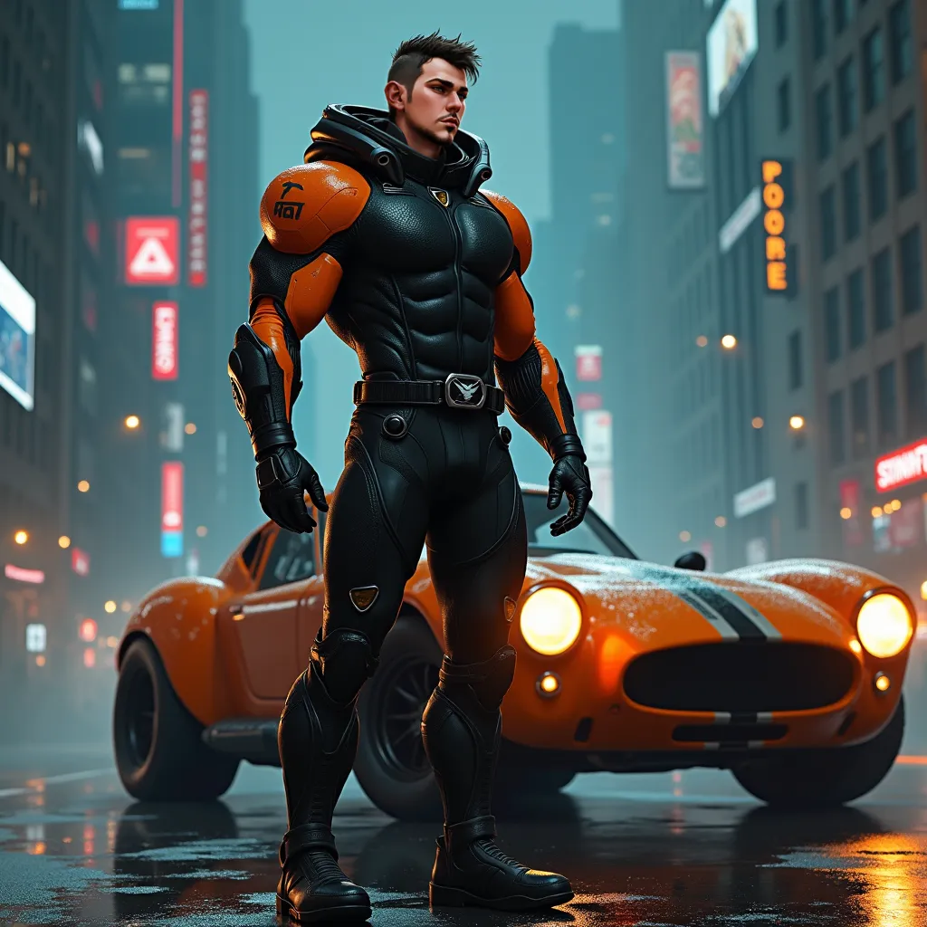 Muscular male defiant sci fi player, futuristic night city background, standing with sport car, retro-fütürist giyen, apocalypse, wearing tight spandex sports uniform in black and orange, scifi, fantasy, donnato Giancola tarafından sanat eseri, Greg Rutkow...