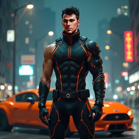 Muscular male defiant sci fi player, futuristic night city background, standing with sport car, retro-fütürist giyen, apocalypse, wearing tight spandex sports uniform in black and orange, scifi, fantasy, donnato Giancola tarafından sanat eseri, Greg Rutkow...