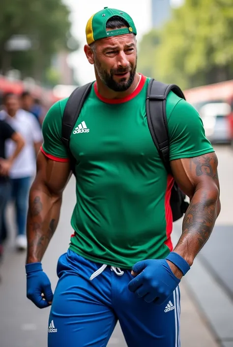 Muscular latin man, his skin is dark. He wear green and red Adidas soccer t-shirt. He has a green and yellow cap and blue sneakers . He has blue and white Adidas tracking long pants. He wears blue Adidas gloves. Very muscular, well defined muscles with thi...