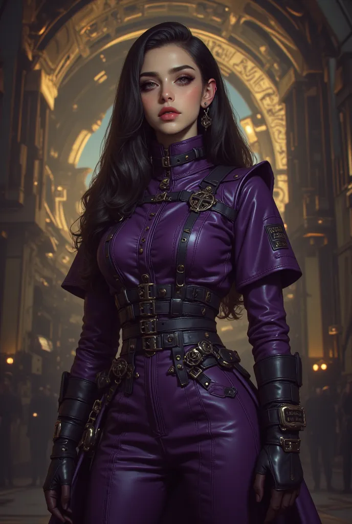 best quality, highres, 4k, 8k, amazing quality, Photo full portrait of photo real. black and dark purple leather jumpsuit steampunk woman. steampunk background. “full body portrait”