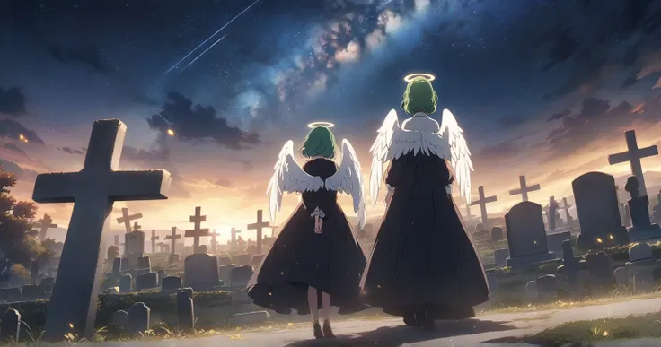 night　starry sky　 Milky Way　rain　Long feathered angel with green hair　 Fantastic　Anime anime keyvisual, Alone, full body shot, from behind,  grave, cemetery,