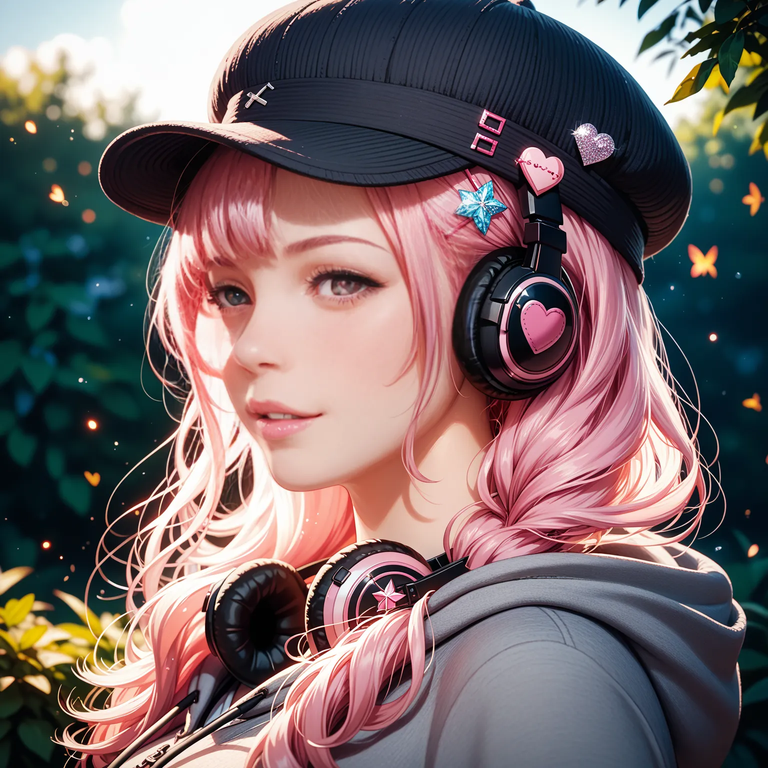 Pretty Girl、 girl、gray hoodie、black knit hat by Dokromark、Pink sparkling eyes 、pink hair、 headphones around the neck、Skromark hairpin、are cool