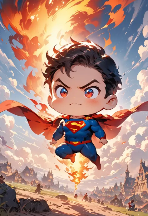 chibi cute superman, about to land on the ground, flames and smoke coming out of the soles of his feet, cute fairy tale illustration art, ultra detailed, absolutely resolution, masterpiece