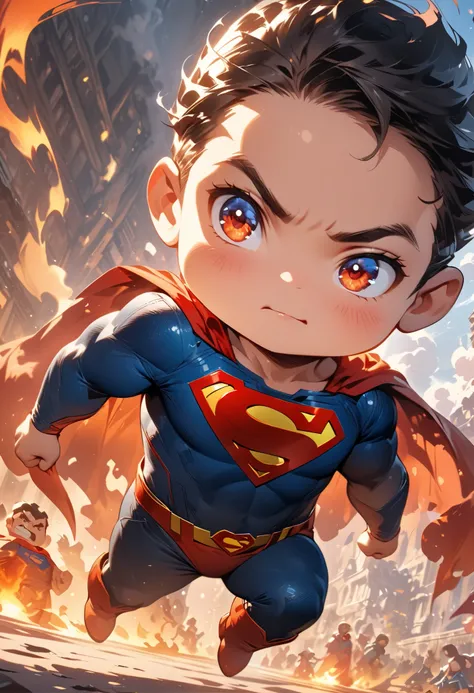 chibi cute superman, about to land on the ground, flames and smoke coming out of the bottom of the boots, cute fairy tale illustration art, ultra detailed, absolutely resolution, masterpiece