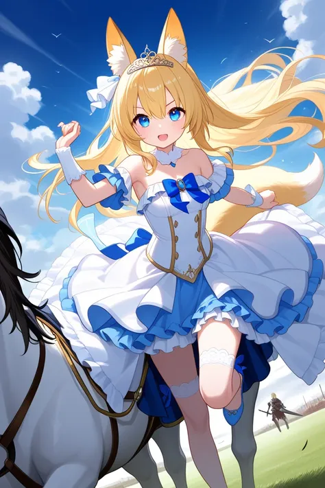 Highest quality,  Ultra High Definition、(( girl))、battlefield、Great Sword、long blonde hair、 blue eyes、 fox ears、 fox tail 、tiara、Cinderella、blue and white frill costume、I'm riding a white horse and running through