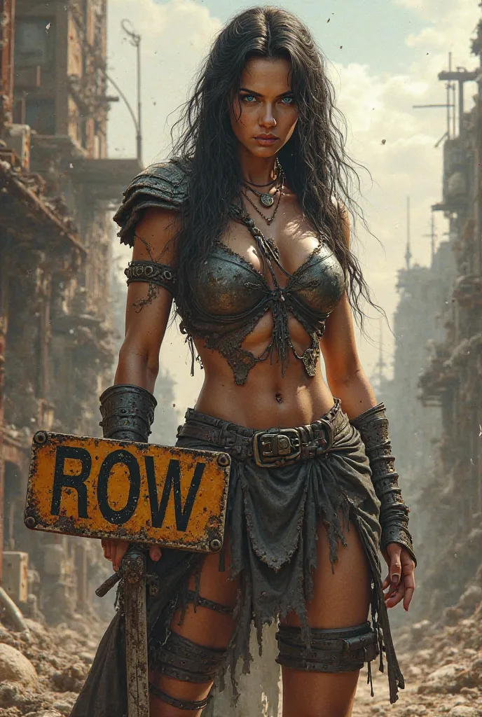 Create Xena the warrior princess in a post-apocalyptic world with a sign that says ROW 