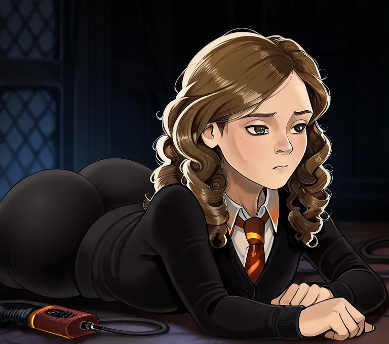  Detailed, masterpiece, the best quality, 
cable, collared shirt, cardigan, tie, Hogwarts school uniform, indoors,  dark background, 1 girl, Alone , retrato, 
xhermionex, brown hair, long hair,  Curly hair, brown eyes, parts,  big ass 