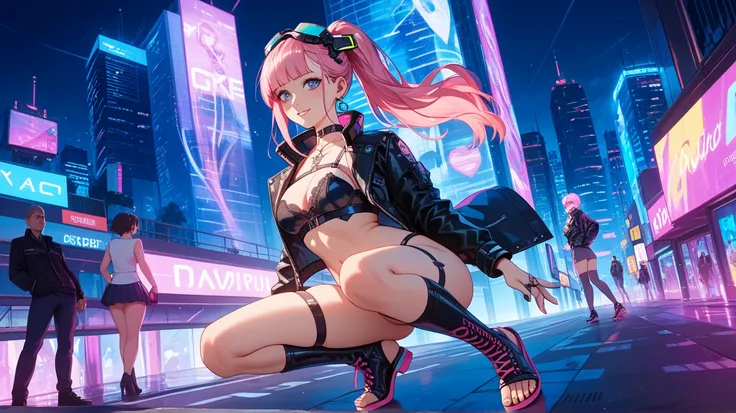 32K,  masterpiece, top quality, (beautiful Korean woman) cyberpunk, pink hair,  Neon City Background ,  goggles,  leather jacket,  colorful lighting ,  Futuristic Street Fashion,  night view, bright colors, shallow depth of field,  High Contrast Pictures ,...