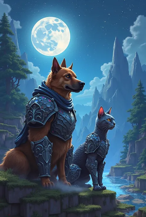 A brown dog in iron armor and a cat in diamond armor at night with Minecraft theme 