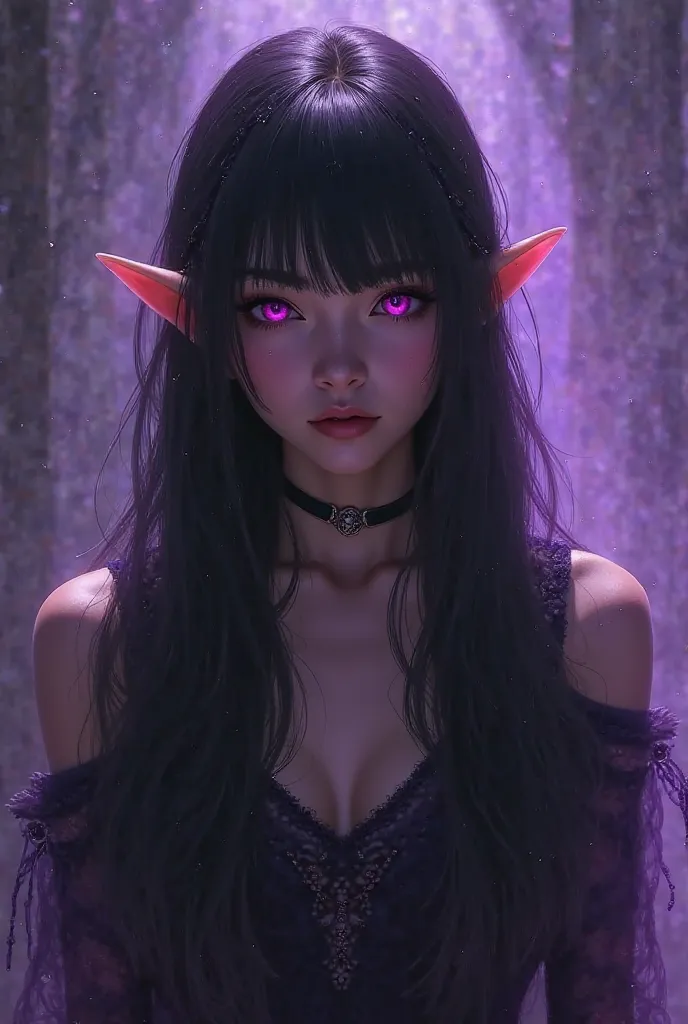 Girl with purplish-pink eyes,  serious expression, long black hair with pointed ears, purple aura  