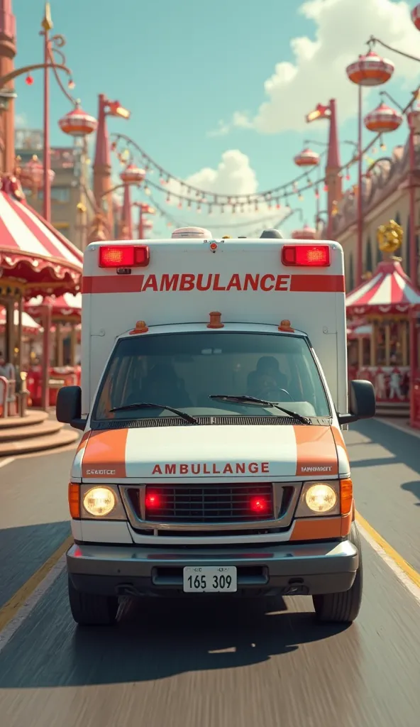 Ambulance car driving with Background showing theme park atmosphere with rides such as merry-go-rounds and red and white umbrellas, provides a contrast between cheerful environments and 3D suspenseful expressions