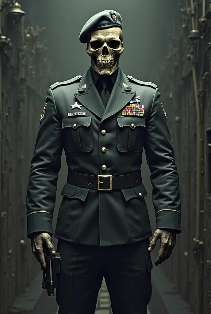 Strong man with a skull face wearing a military police uniform and beret, Giving a lion kill the Joker