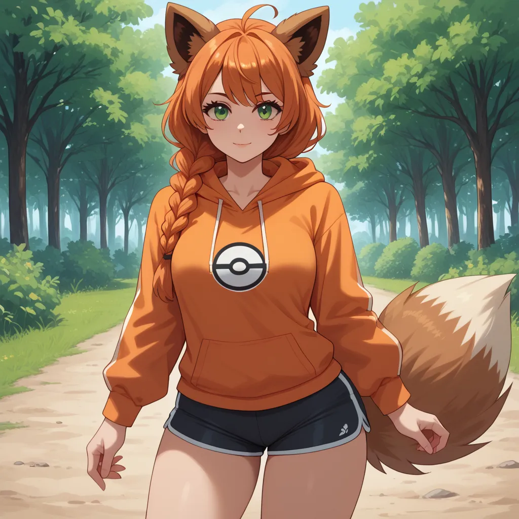 (Masterpiece) (High Detail) (High Res) A short curvy slim Humanoid red_panda Female with tanned human skin and bright green eyes and long braided orange hair and fluffy orange red_panda ears and a long fluffy red_panda tail and medium breasts. She is dress...