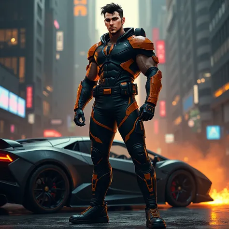 Muscular male defiant sci fi player, futuristic night city background, standing with sport car, retro-fütürist giyen, apocalypse, wearing tight spandex sports uniform in black and orange, scifi, fantasy, donnato Giancola tarafından sanat eseri, Greg Rutkow...