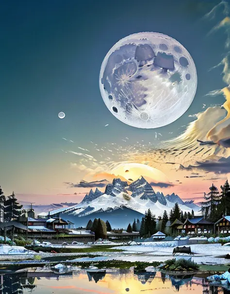  in high-definition images、 there is a bench on the lawn near the canal 、 there is a huge tree with the moon reflecting in the water,  a rabbit grazing near a tree ,  the moon is reflecting in the water  , full Moon in the background, The full background i...