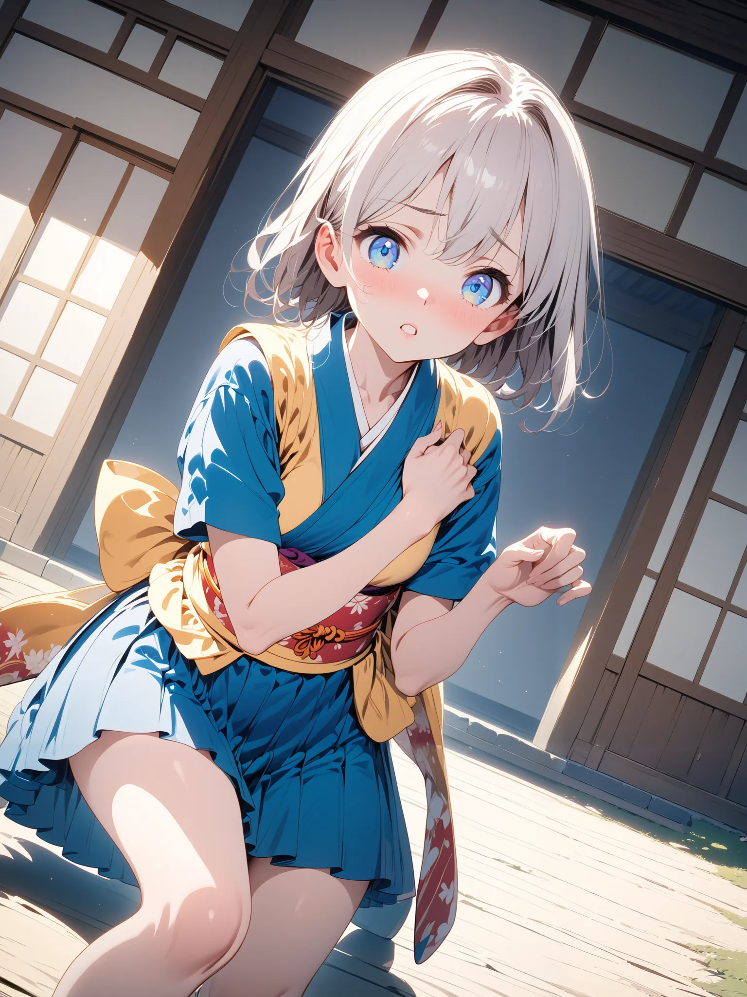 Wa Lolita, kimono skirt, furisode sleeves, medium silver hair, Slender  girl with blue eyes, Alone,  is a Japanese castle ,  alert ,  knee shot, corruption, Short sleeve, miniskirt, NSFW,