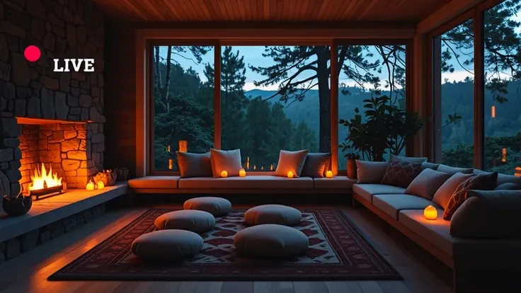 Image depicts a cozy, rustic living room with a large floor-to-ceiling window offering a view of a dense forest under a twilight sky. The room features a wooden interior with a warm, inviting atmosphere. A stone fireplace on the left side emits a soft glow...